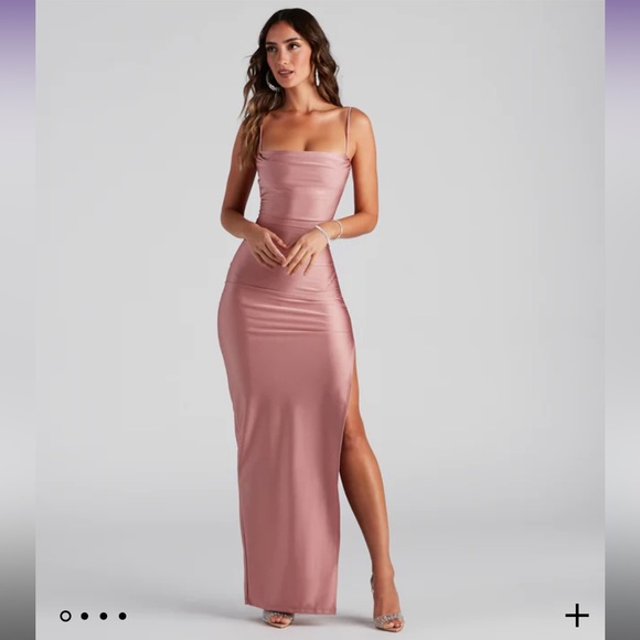 A-line Cowl Neck Satin Dress with Slit Dusty Rose Plus Size